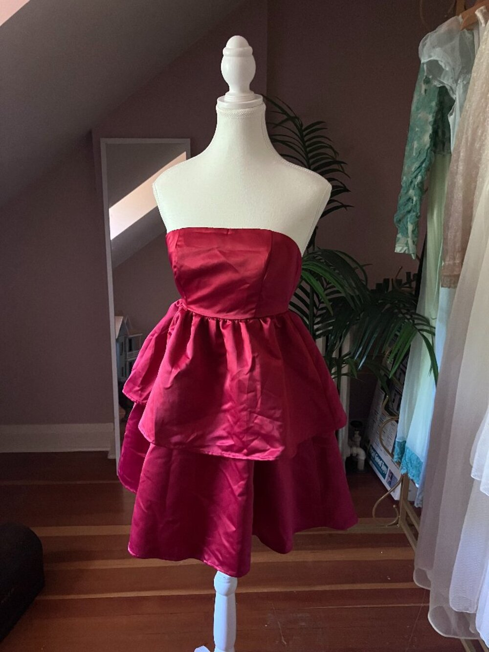Red satin tiered cupcake dress mini evening formal cocktail party gown slip